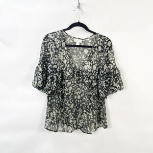 2/$30 LOFT Medium Womens Black Cream Animal Sheer Popover Top Blouse Layer Flowy